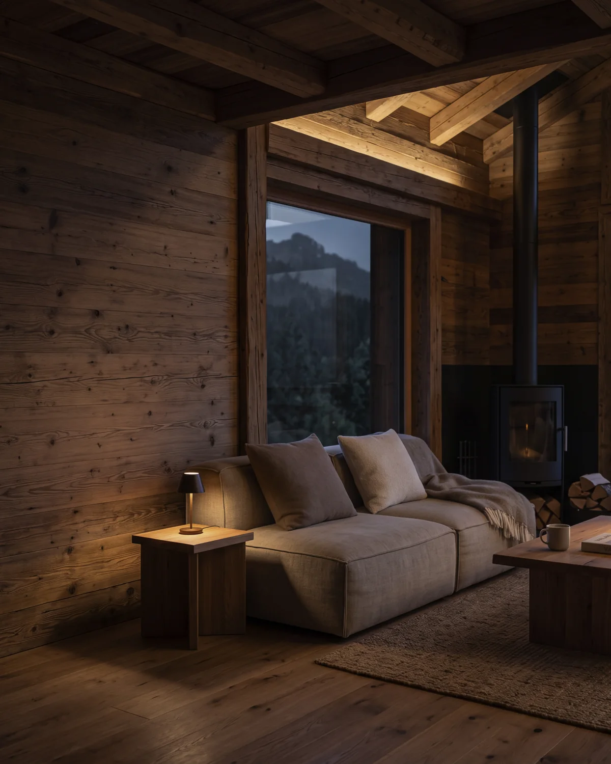 Wohnzimmer eines Walliser Chalets aus Altholz in der Abenddämmerung mit Blick auf die Berge